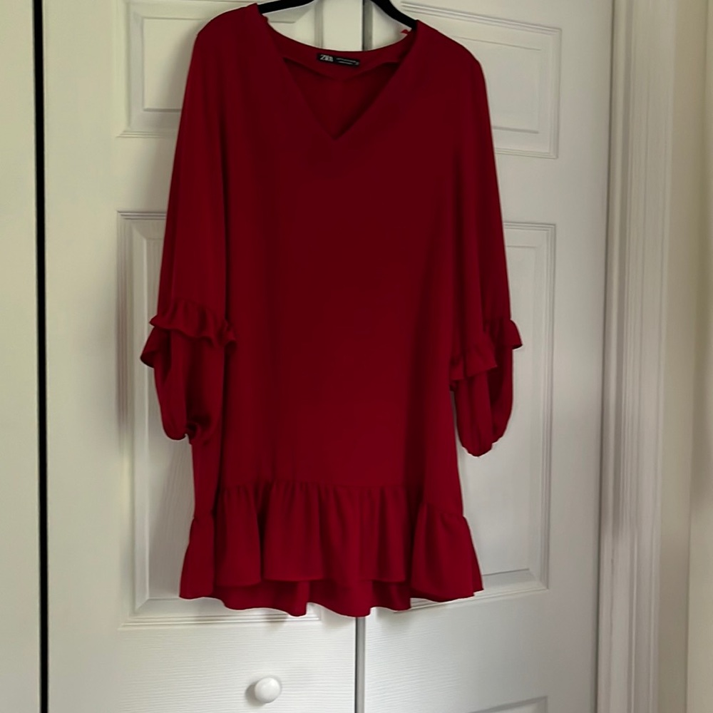 Zara 3/4 ruffle sleeve red dress